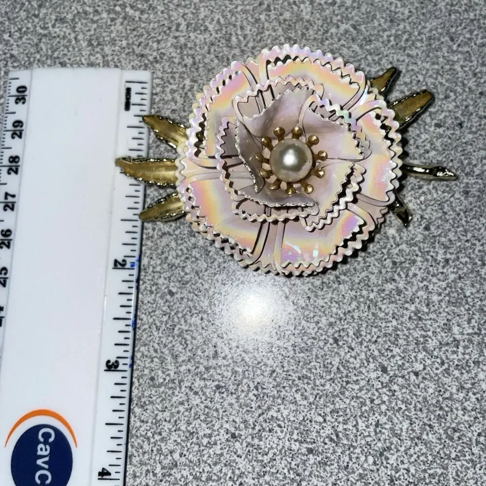 Vintage Gold Tone Metal Flowers Faux Pearl Large 3D Brooch Estate Statement